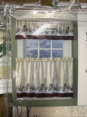 Festive Cream Snowman Kitchen Curtain Valance Set of Two with Brown Trim